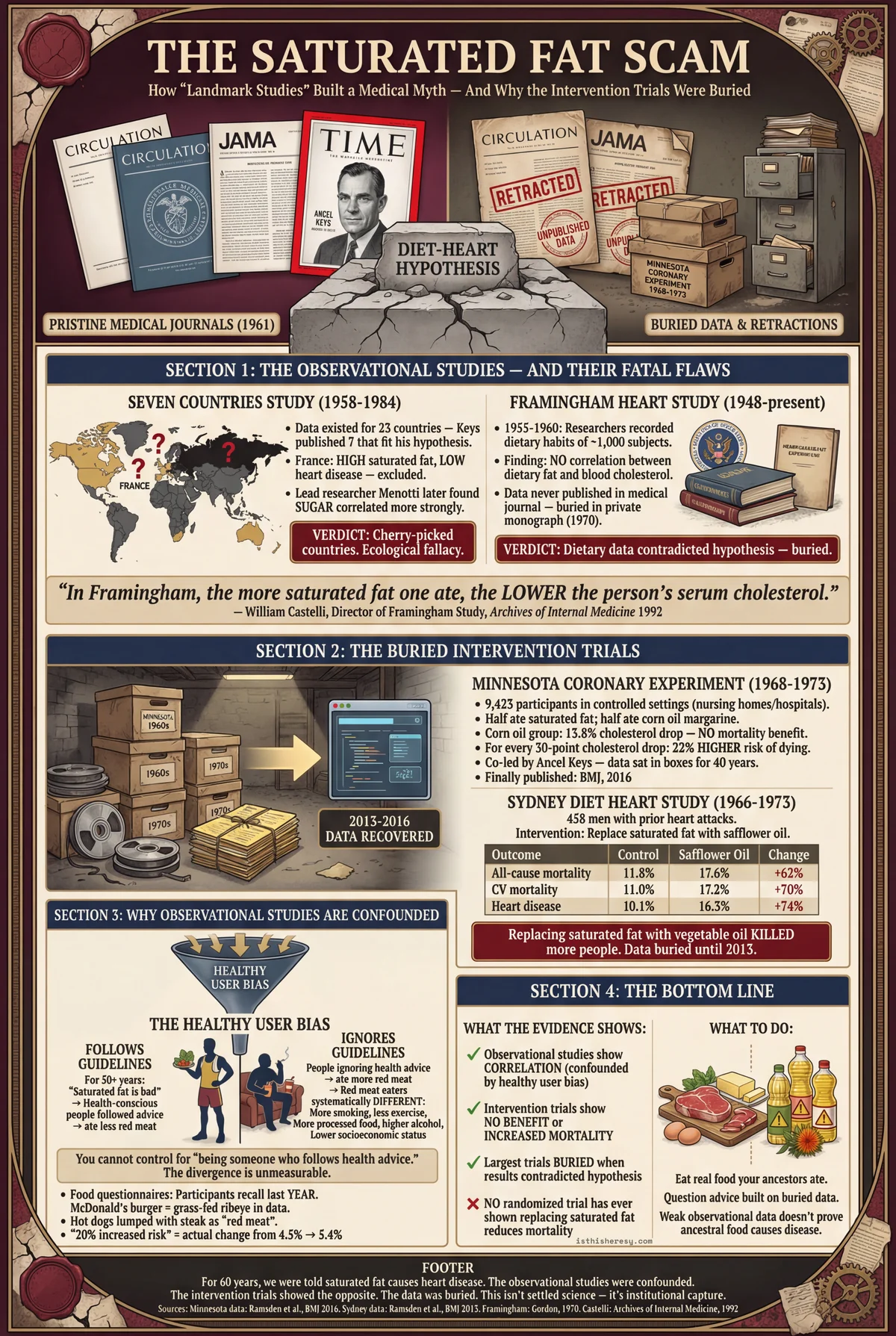 The Saturated Fat Scam: How 5 "Landmark Studies" Built a 60-Year Medical Myth